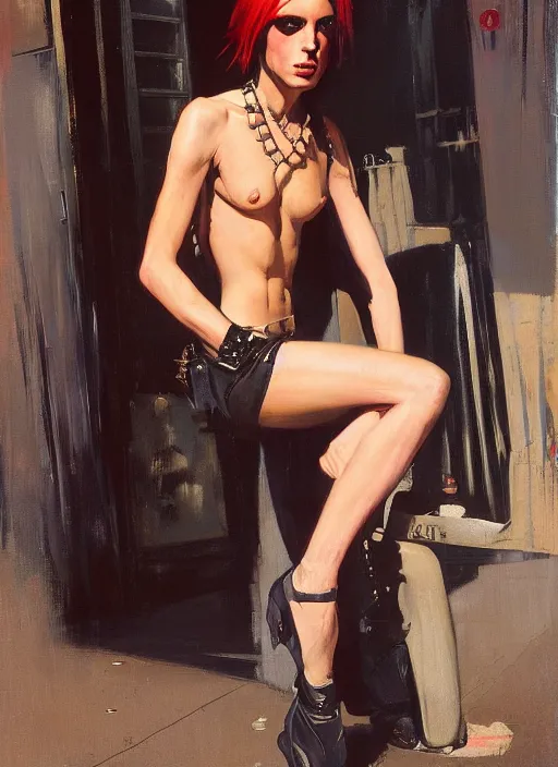 Image similar to androgynous glam rocker outside cbgb in the style of phil hale, sfumato Orientalist portrait by john william waterhouse and James Gurney and Theodore Ralli and Nasreddine Dinet, Syd Mead, Phil Hale, oil on canvas. Cinematic, hyper realism, realistic proportions, dramatic lighting, high detail 4k