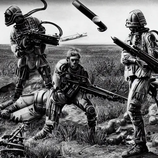 Prompt: soldiers discovering alien war machines on a battlefield in 1 9 7 0, black and white, hyper realistic, 4 k, highly ornate intricate details, sharp image, incredible detail,