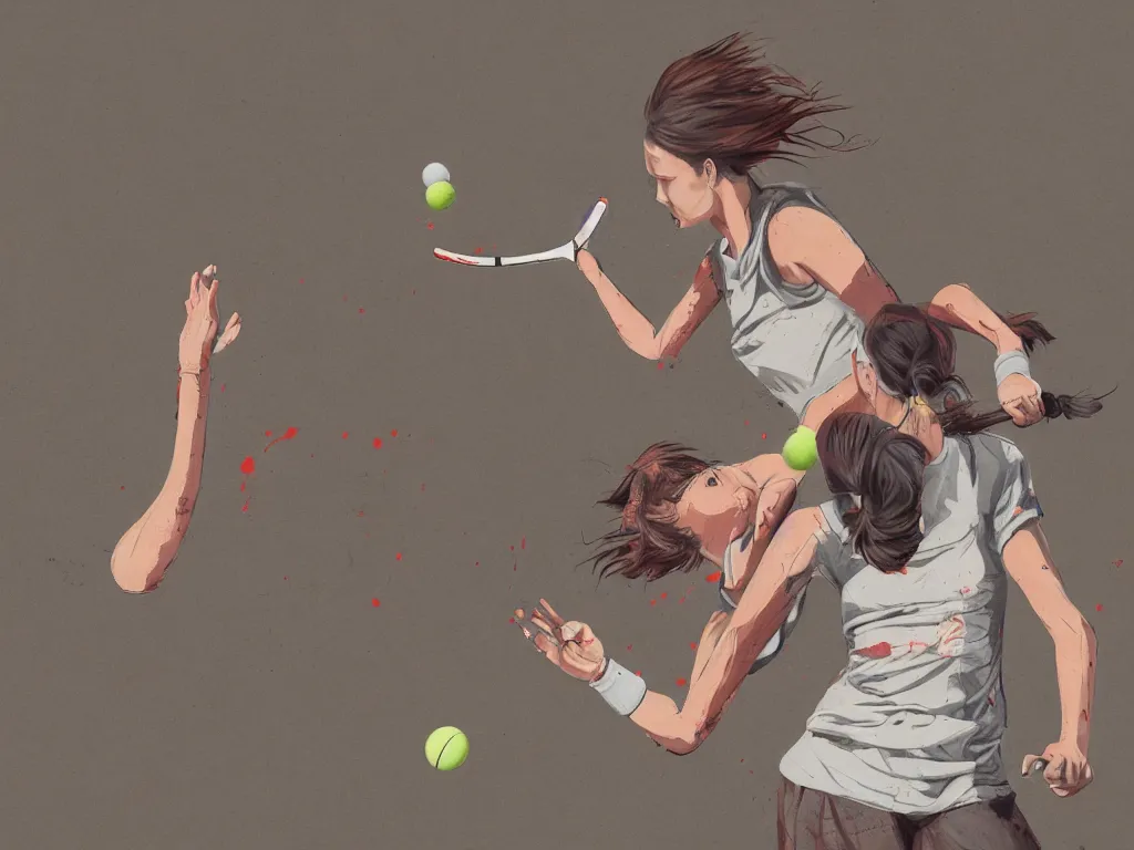 Prompt: young adult women playing tennis with a ball shaped like a rabbit, blood stains on shirt, blood on tennis court, bleeding audience, illustration, traditional drawing style, dramatic mood, textured canvas, pastels, 8 k render octane high definition cgsociety