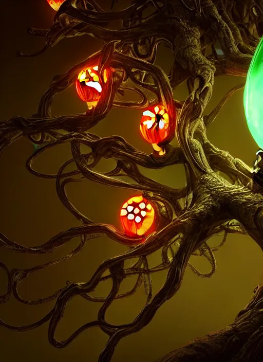 Prompt: intricate mechanical translucent apple with visible gears and components inside, growing off a tree, on the background of a weird magical mechanical forest. Very detailed 8k. Fantasy cyberpunk horror. Sharp. Cinematic post-processing