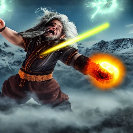 Image similar to a dwarf shooting a kamehameha blast, 4 k, hyper realistic, dslr, high resolution, landscape, beautiful