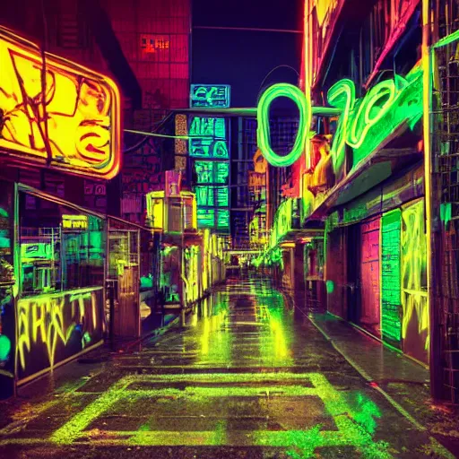 Prompt: overgrown cyberpunk city street, neon light, dark
