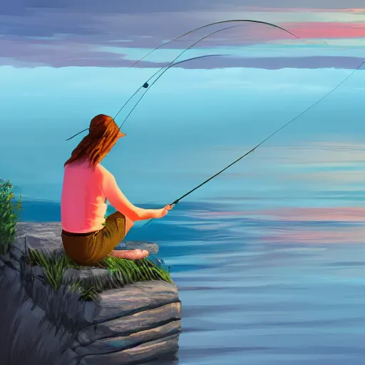 Prompt: a girl fishing at a river at sunset, digital artwork