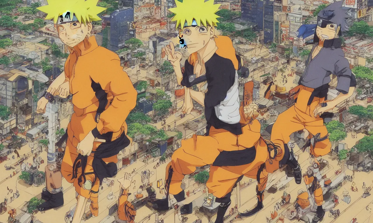 Image similar to a color manga illustration of naruto riding a enormous brown frog that is smoking a pipe in the middle of a busy tokyo intersection. naruto has yellow hair and orange clothes. the view is from ground level and wide angle. the mood is tense and exciting. brilliantly illustrated by masashi kishimoto in a very very well regarded style.