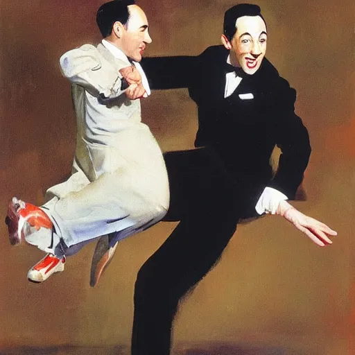 Prompt: Gene Kelly dancing with Pee Wee Herman, by Sir James Guthrie, hyperrealism