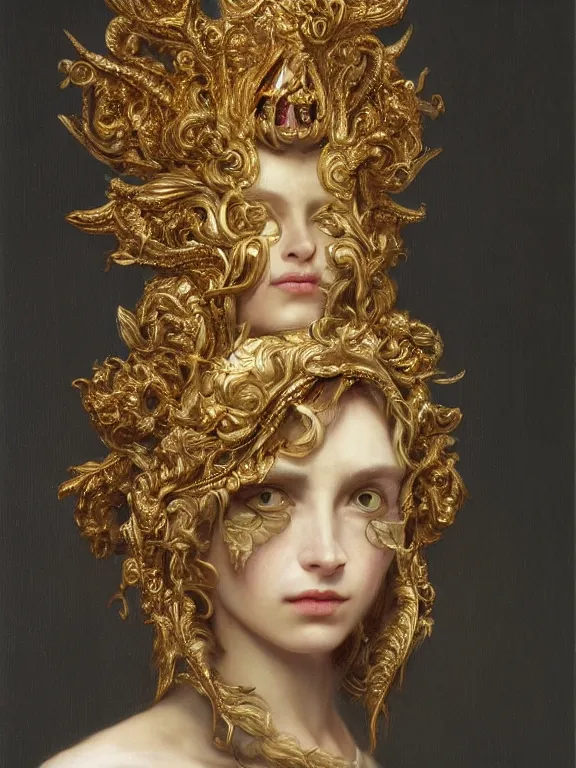 Prompt: a beautiful portrait render of baroque female demon with golden skin and identical eyes, ultra realistic, hdr, dramatic lighting, sculpture, painting, who wearing dramatic headdress, by  Louise Élisabeth Vigée Le Brun  and aaron horkey and Jean-Baptiste Greuzeand and peter gric and Franz Xaver Winterhalter,Artstation,pinterest,jewelry,porcelain,gold, woman demon,pearlescent,maximalist