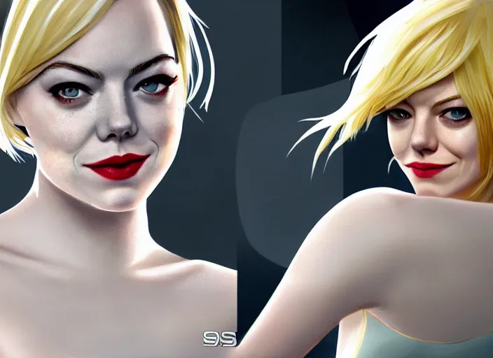 Prompt: Emma stone is gwen stacy spider man, spider woman, Emma stone with blond hair, blond, full body photo, in gwen stacy spider suit, white spider suit, smooth face, posing for camera, cinematic, epic background action pose, hyper realism, artstation, 8k, photoshoot