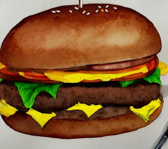 Image similar to A puppy eating a huge hamburger, watercolor painting, trending on artstation