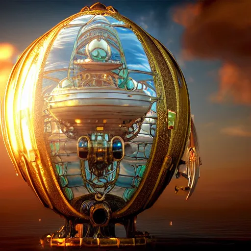 Image similar to enormous flying faberge egg, sky, steampunk, fantasy art, unreal engine