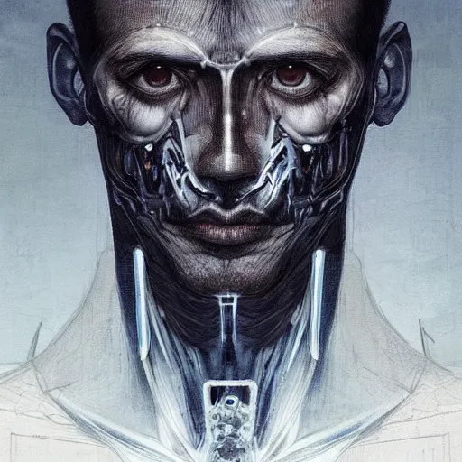 Image similar to surreal portrait of a man by Greg Rutkowski, symmetrical face, he is about 30 years old, short black hair with bangs, his features are a mix between French, Turkish and Russian, transformed into a kind of biomechanical transhuman god, uncany but fascinating, expression of epiphany and determination, cosmic void background, frightening, fascinating, highly detailed portrait, digital painting, book cover, artstation, concept art, smooth, sharp foccus ilustration, Artstation HQ