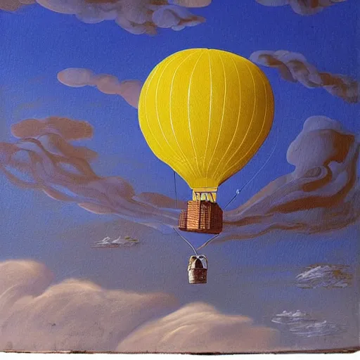 Image similar to “a old yellowed painting on canvas of a hot air balloon floating between the clouds, the balloon is made of the earth as seen from space. Jules vernes, steampunk style, sepia and yellow paper”
