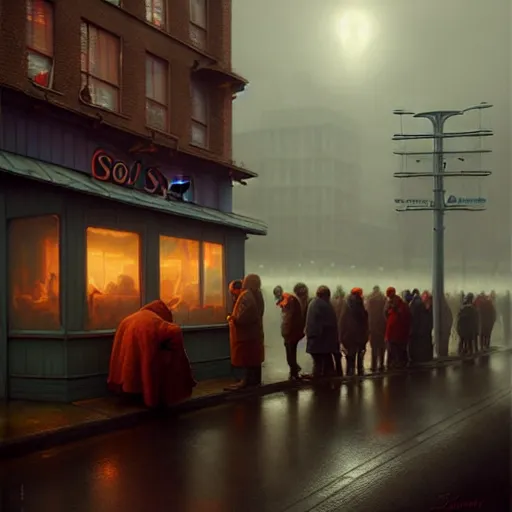 Prompt: waiting in line for cold soup by simon stalenhag and gil elvgren and tom bagshaw, highly detailed, hyperrealism, dreary, cold, cloudy, grey