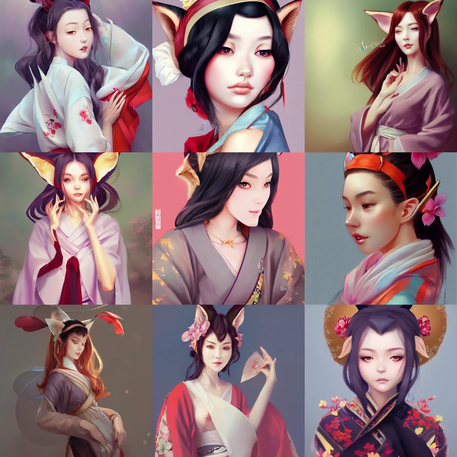 Prompt: A potrait of a beautiful, shapely woman with fox ears wearing a modest kimono, digital painting, by Stanley Artgerm Lau, WLOP, Rossdraws, LeraPi, and Sakimichan, digtial painting, trending on ArtStation, deviantart, SFW version, anime eyes