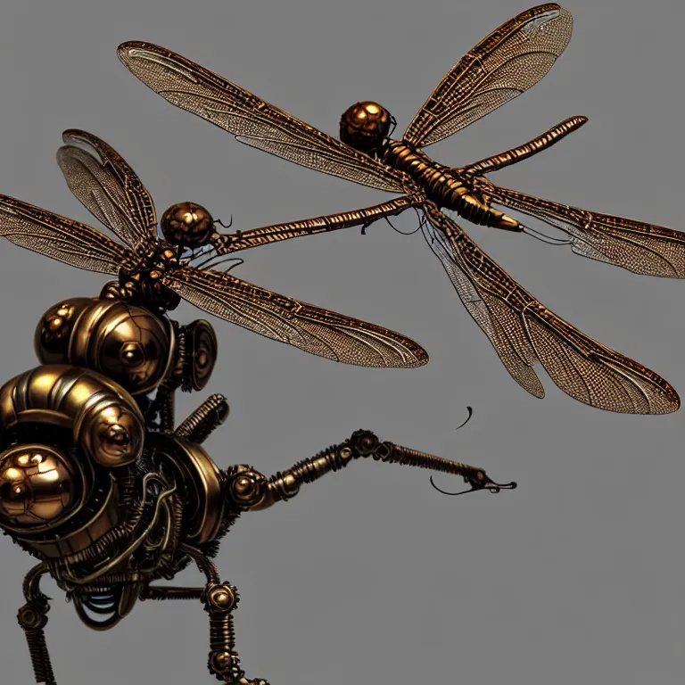 Prompt: steampunk robot dragonflies, 3 d model, unreal engine realistic render, 8 k, micro detail, intricate, elegant, highly detailed, centered, digital painting, artstation, smooth, sharp focus, illustration, artgerm, wlop