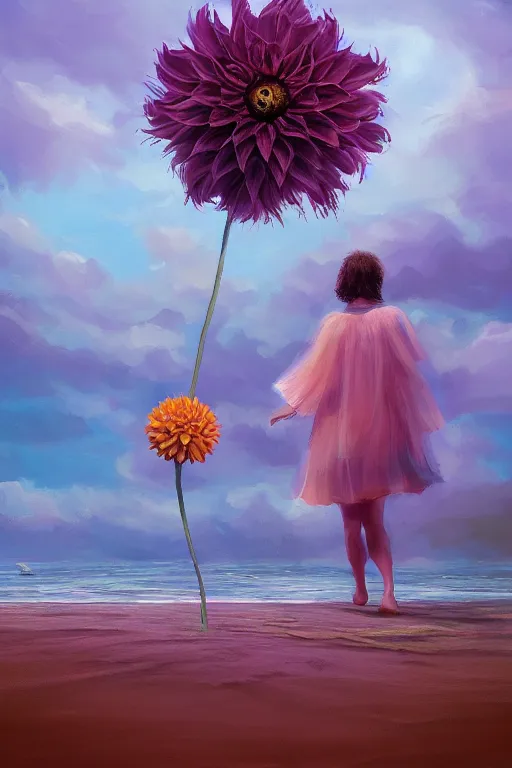 Image similar to closeup giant dahlia flower head, girl on beach, surreal photography, blue sky, sunrise, dramatic light, impressionist painting, digital painting, artstation, simon stalenhag