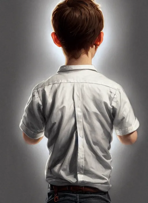 Prompt: perfectly - portrait of a boy wearing shirt from behind, backlighting, intricate, highly detailed, digital painting, artstation, concept art, smooth, sharp focus, illustration, unreal engine 5, 8 k, art by artgerm and greg rutkowski and alphonse mucha