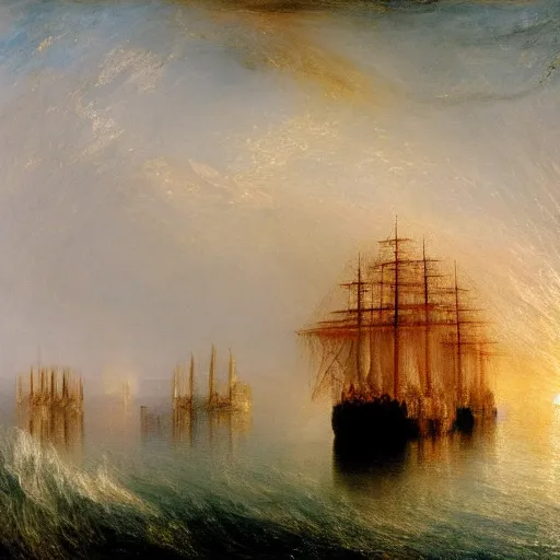 Image similar to painting of cruise ship off the dalmatian coast in the style of j. m. w. turner