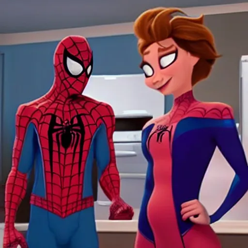 Prompt: spiderman and pregnant elsa talking in the kitchen, into the spider - verse cinematic render, 2 0 1 8 sony animation official media, award winning