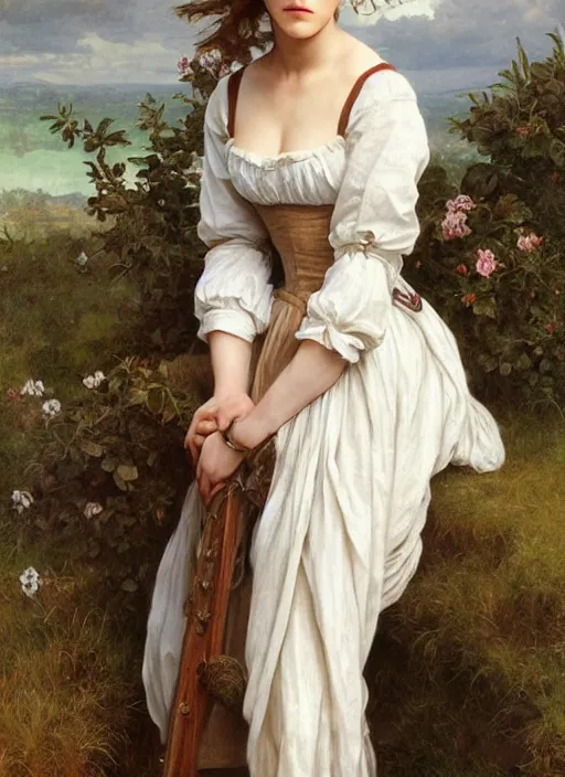 Prompt: full length portrait emma watson as 17th century country girl, shining, 8k highly detailed, sharp focus, illustration, art by artgerm, mucha, bouguereau