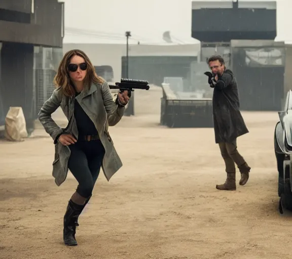 Image similar to a movie still of ana de armas aiming a gun with ryan gosling in the movie blade runner 2 0 4 9