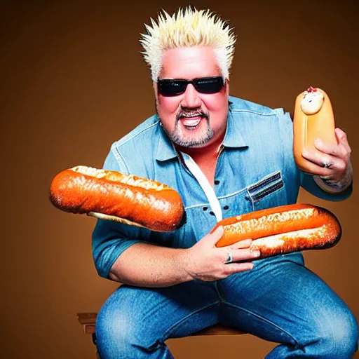 Prompt: guy fieri, studio lighting, the king of flavortown holds an infinite hot dog