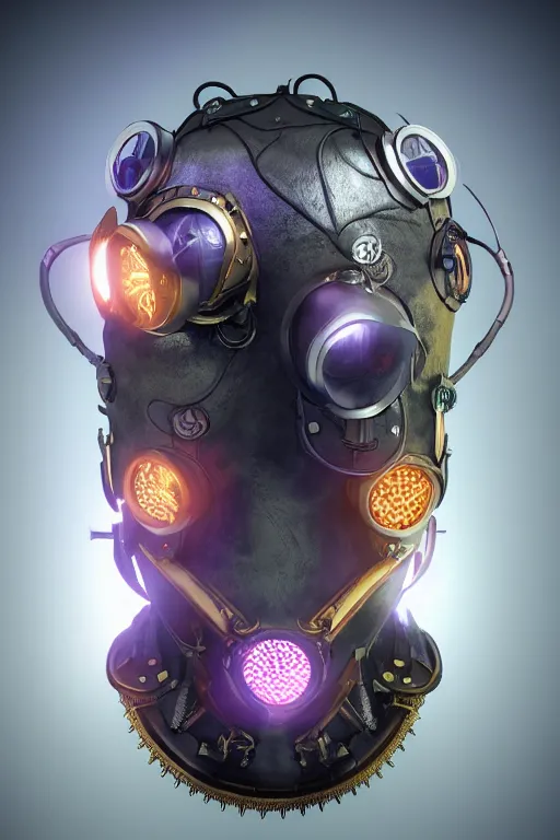 Image similar to steampunk mask minimalist fantasy art robot ninja helmet, global illumination ray tracing hdr fanart arstation by sung choi and eric pfeiffer and gabriel garza and casper konefal radiating a glowing aura