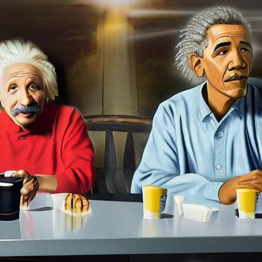 Image similar to Einstein and Obama sitting at McDonalds, ultra detailed, photorealistic, dramatic lighting