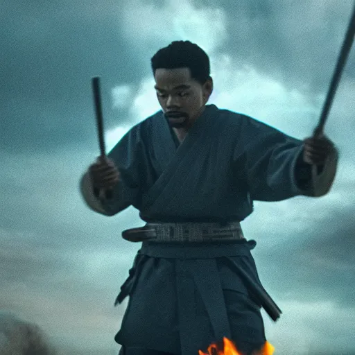 Image similar to cinematic film still of Chance The Rapper starring as a Samurai holding fire, Japanese CGI, VFX, 2022, 40mm lens, shallow depth of field, film photography