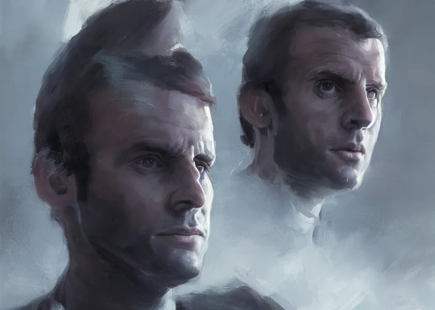 Image similar to painting portrait of Emmanuel Macron dressed as Vitiate in Star Wars, sharp focus, waist up, trending on ArtStation, masterpiece, by Greg Rutkowski, by Ross Tran, by Fenghua Zhong, octane, clear eyes, soft render, clear facial features, oil on canvas, moody lighting, cinematic, professional environment concept art