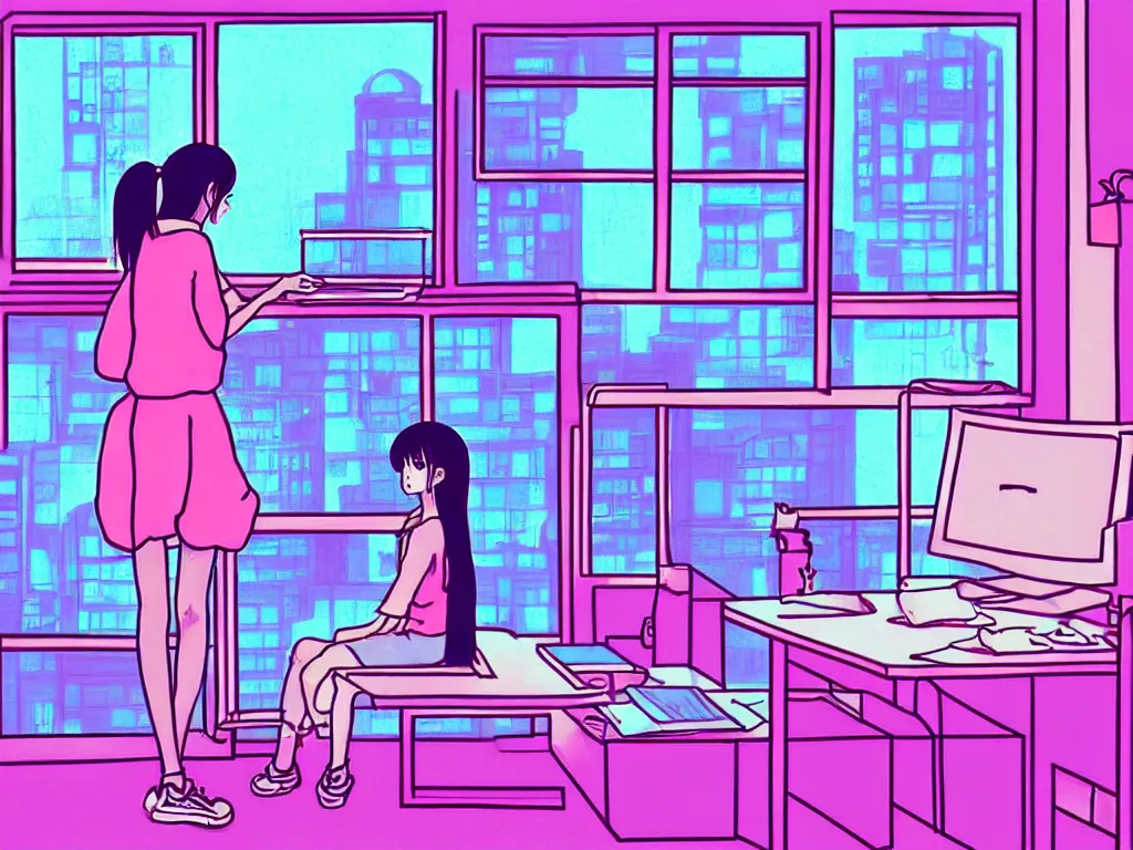 Image similar to beautiful drawing of a female in her small apartment sitting at her computer desk which is in front of a window which looks out to the neon cyber city, style vaporware cartoon japan, low - fi, chill scene, kawaii anime manga style, illustration, aesthetic, minimalistic!! simple, neon pastel, in the style of bryce kho and hayao miyazaki