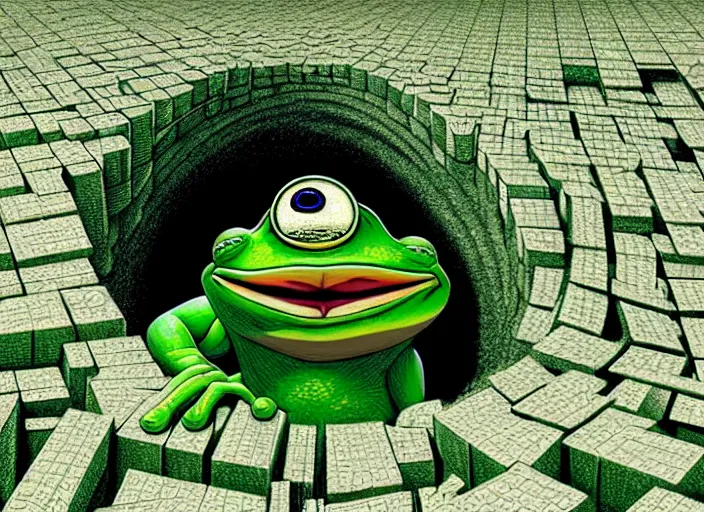 Prompt: hyper realistic detailed image of green athletic pepe the frog pushing huge metallic cubic block up a hill, sisyphus compostition, by ayami kojima, amano, beeple, greg hildebrandt, and mark brooks, mystical, renaissance color palette, cinematic light, low angle, long cinematic shot by andrei tarkovsky, extremely detailed, very coherent symmetrical artwork