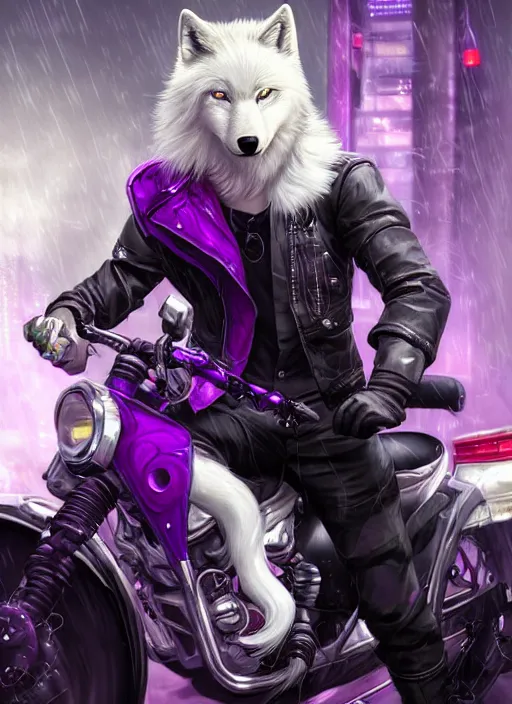 Image similar to award winning beautiful portrait commission of a male furry anthro albino wolf fursona with a tail and a cute beautiful attractive detailed furry face wearing stylish black, purple and yellow cyberpunk biker clothes riding a futuretech motorcycle in a cyberpunk city at night while it rains. Character design by charlie bowater, ross tran, artgerm, and makoto shinkai, detailed, inked, western comic book art