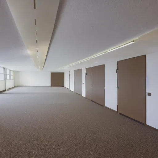 Image similar to an ominous endless space of empty connecting rooms with vanilla colored wallpaper and brown carpet, no windows