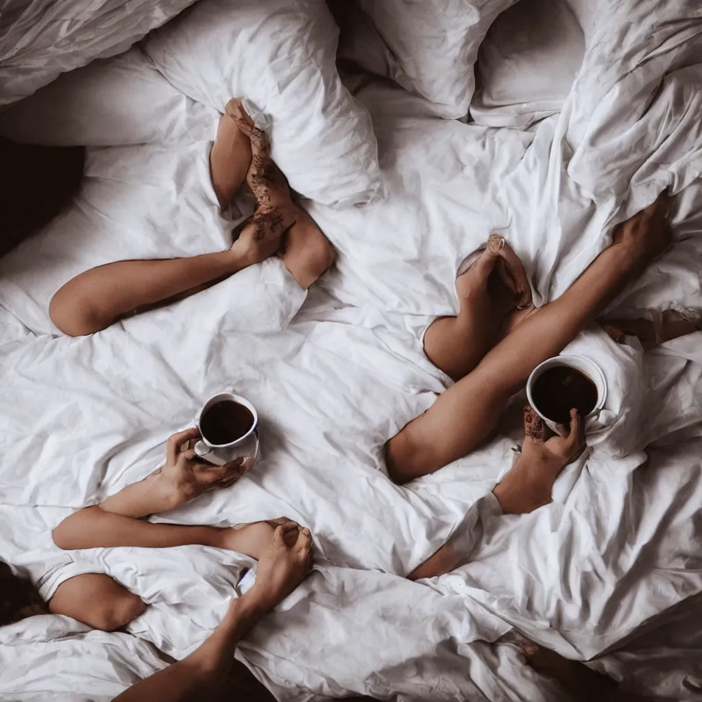 Prompt: photo of a beautiful fat woman drinking coffee in a bed with white sheets drinking coffee in the style of telous lautrec