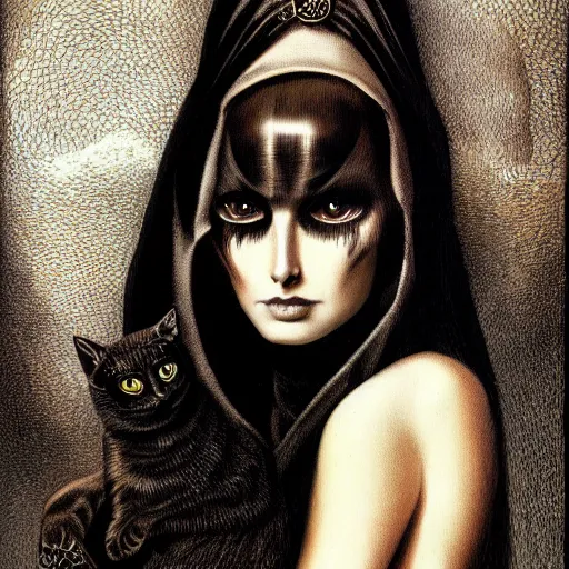 Image similar to portrait of a beautiful woman, gothic, cat eyes, high detail, illustration by h. r. giger