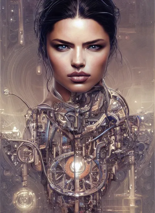 Image similar to symmetry!! adriana lima, machine parts embedded into face, tubes and cables, intricate, elegant, highly detailed, digital painting, artstation, concept art, smooth, clockwork, sharp focus, illustration, art by artgerm and greg rutkowski and alphonse mucha, 8 k