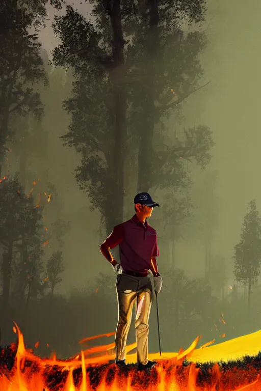 Prompt: close-up of an athletic golf player in a lush golf course with automatic watering, magical lights, golden hour, surrounded by burning forests, smoke from the fire, digital painting, 4k, forest ray light, particles light, by sasha kalinkin, Noah Bradley, ilya kuvshinov