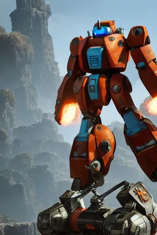 Image similar to mechwarrior 5 : mercenaries mech megaman transformer robot boss tank engine game octane render, 4 k, hd 2 0 2 2 3 d cgi rtx hdr style chrome reflexion glow fanart, global illumination ray tracing hdr fanart arstation by ian pesty pixar and disney unreal zbrush central hardmesh