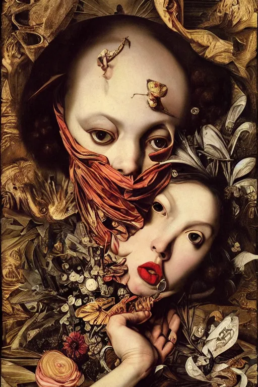 Image similar to Detailed maximalist portrait with large lips and with large, wide eyes, expressive, extra flesh and bones, HD mixed media, 3D collage, highly detailed and intricate, surreal, illustration in the style of Caravaggio, dark art, baroque