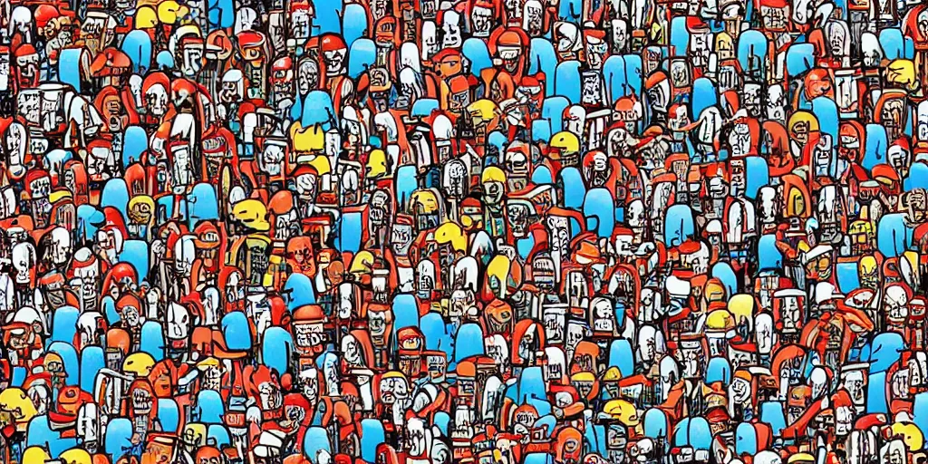 Image similar to where is waldo in a huge sci fi city millions of tiny humans and aliens