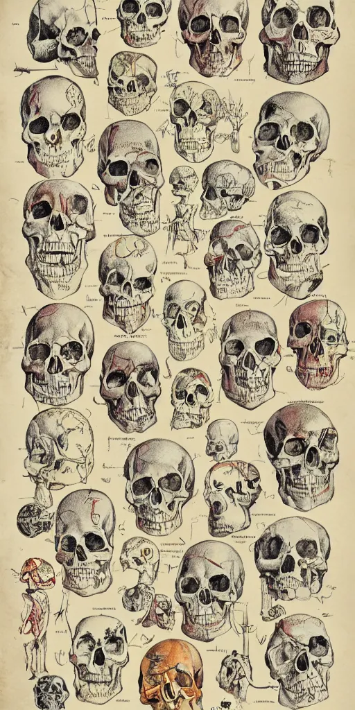 Image similar to anatomy of a skulls, diagrams, map, marginalia, sketchbook, old script, inhabited initials, pastel infographic by Wes Anderson and victo ngai