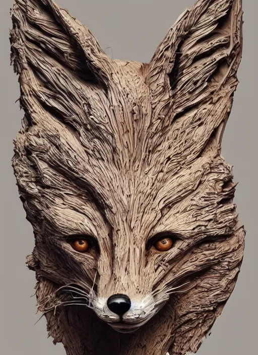 Prompt: sculpture of fox made of wood, portrait, female, future, wood, tree, harper's bazaar, vogue, magazine, insanely detailed and intricate, concept art, close up, ornate, luxury, elite, elegant, trending on artstation, by ruan jia, by Kenneth Willardt, by ross tran, by WLOP, by Andrei Riabovitchev,