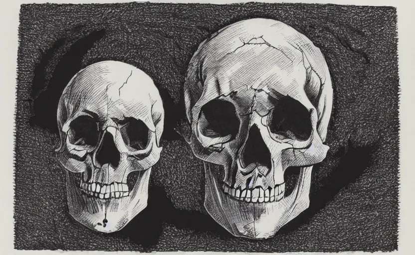 Prompt: a Skull surrounder by darkness, ink on paper, crosshatch shading