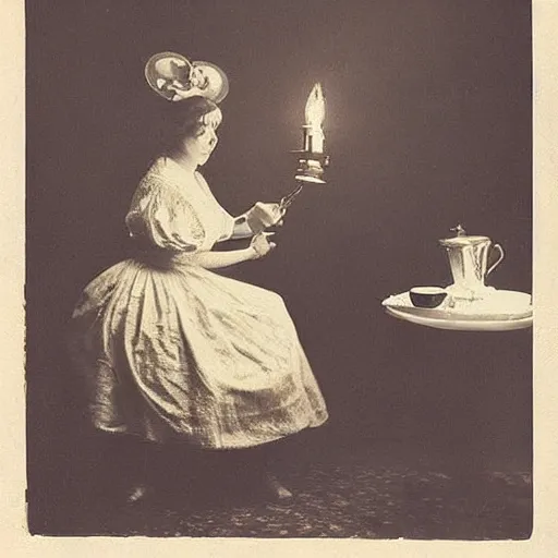 Image similar to demons tea party, antique photo, victorian era, cinematic lighting,