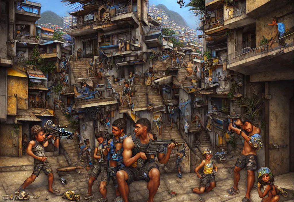 Image similar to photorealistic favela rio with precise rendered guns with intricate details of gun and kids in by Justin Gerard