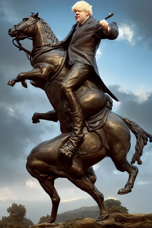 Image similar to a statue of boris johnson riding a horse, anatomy, bathed in light, highly detailed, photorealistic, artstation, smooth, sharp focus, illustration, unreal engine 5, 8 k, art by artgerm and greg rutkowski and edgar maxence