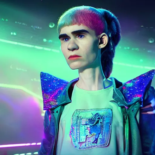 Image similar to a highly detailed cinematic wide shot of Grimes in a large room simulation with holographic symbolic codes