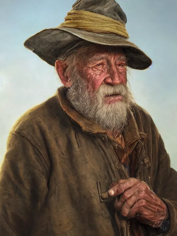 Image similar to realistic renderings portrait of very old fisher man portrait with a hat, wearing a fisher 🧥, port scene background, astonishing scenes, detailed, photorealism, volumetric lighting, autumn lights colors, ultra detailed