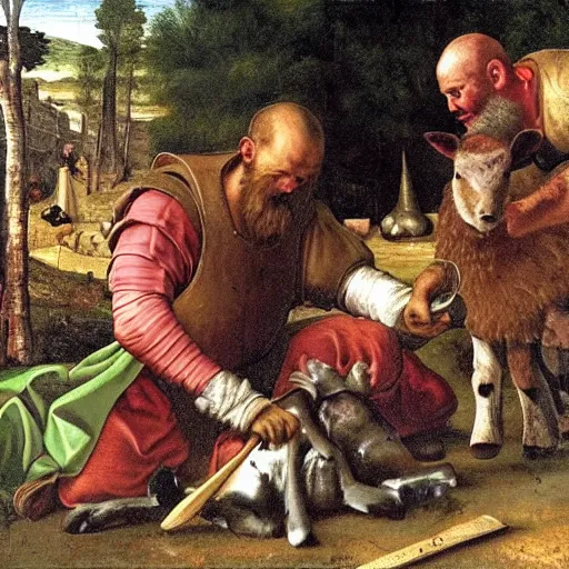 Prompt: ragnar lothrbok cutting off head of lamb at the pet n play zone in zoo with children crying around him while he laughs with beer and bloody axe in hand renaissance painting