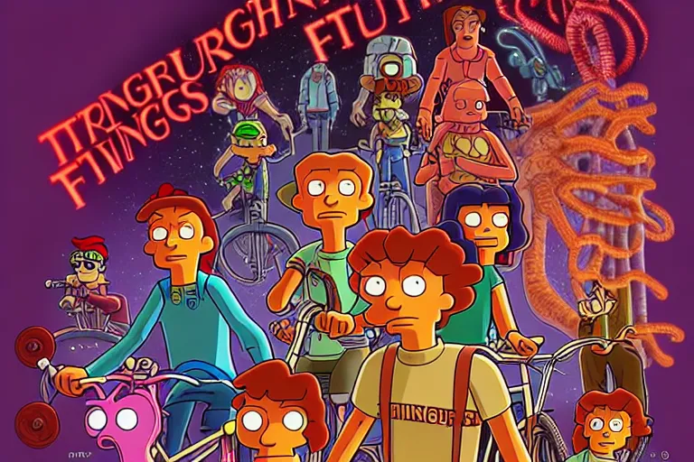 Image similar to closeup shot from the animated version of Futurama Stranger Things with Eleven and Leela and Demogorgon, cartoon, detailed faces, high resolution, hyper detailed, intricate, illustrated, dramatic lighting, illustration, artstation, concept art, smooth, sharp focus, art by Alphonse Mucha and Matt Groening !n-9